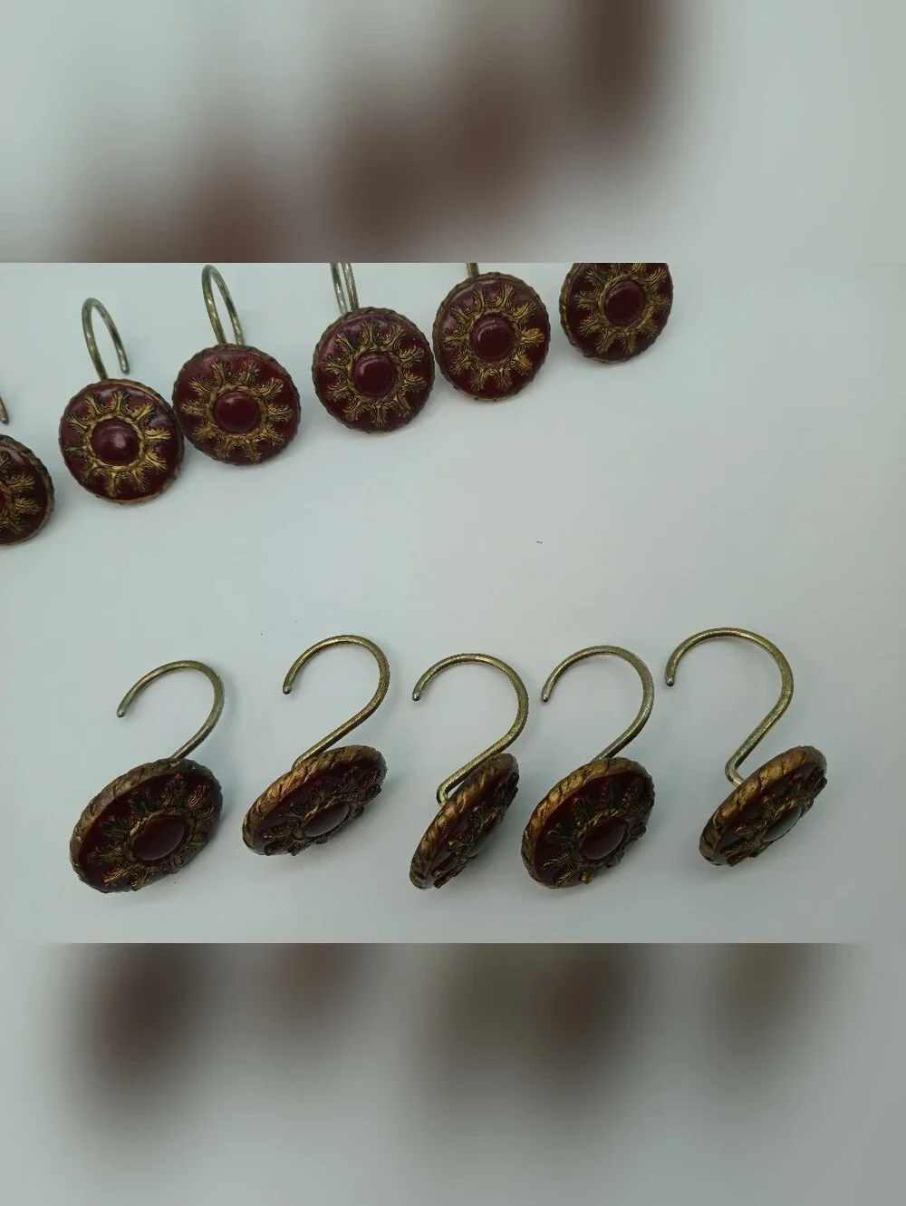 Vintage-Inspired Red and Gold Victorian Shower Rings - Set of 11 (One Missing)
